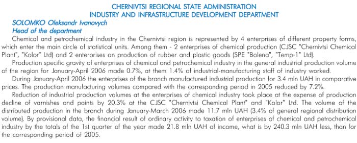 CHERNIVTSI REGIONAL STATE ADMINISTRATION INDUSTRY AND INFRASTRUCTURE DEVELOPMENT DEPARTMENT