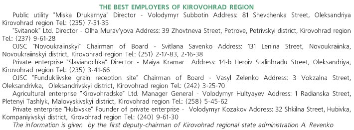 THE BEST EMPLOYERS OF KIROVOHRAD REGION