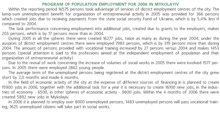 PROGRAM OF POPULATION EMPLOYMENT FOR 2006 IN MYKOLAYIV