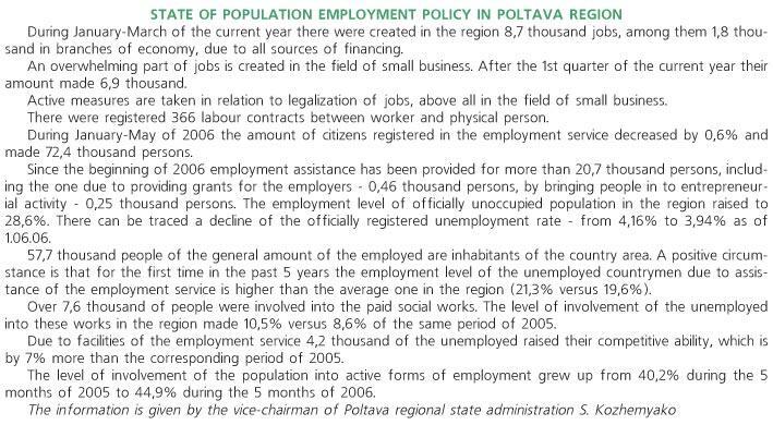 STATE OF POPULATION EMPLOYMENT POLICY IN POLTAVA REGION